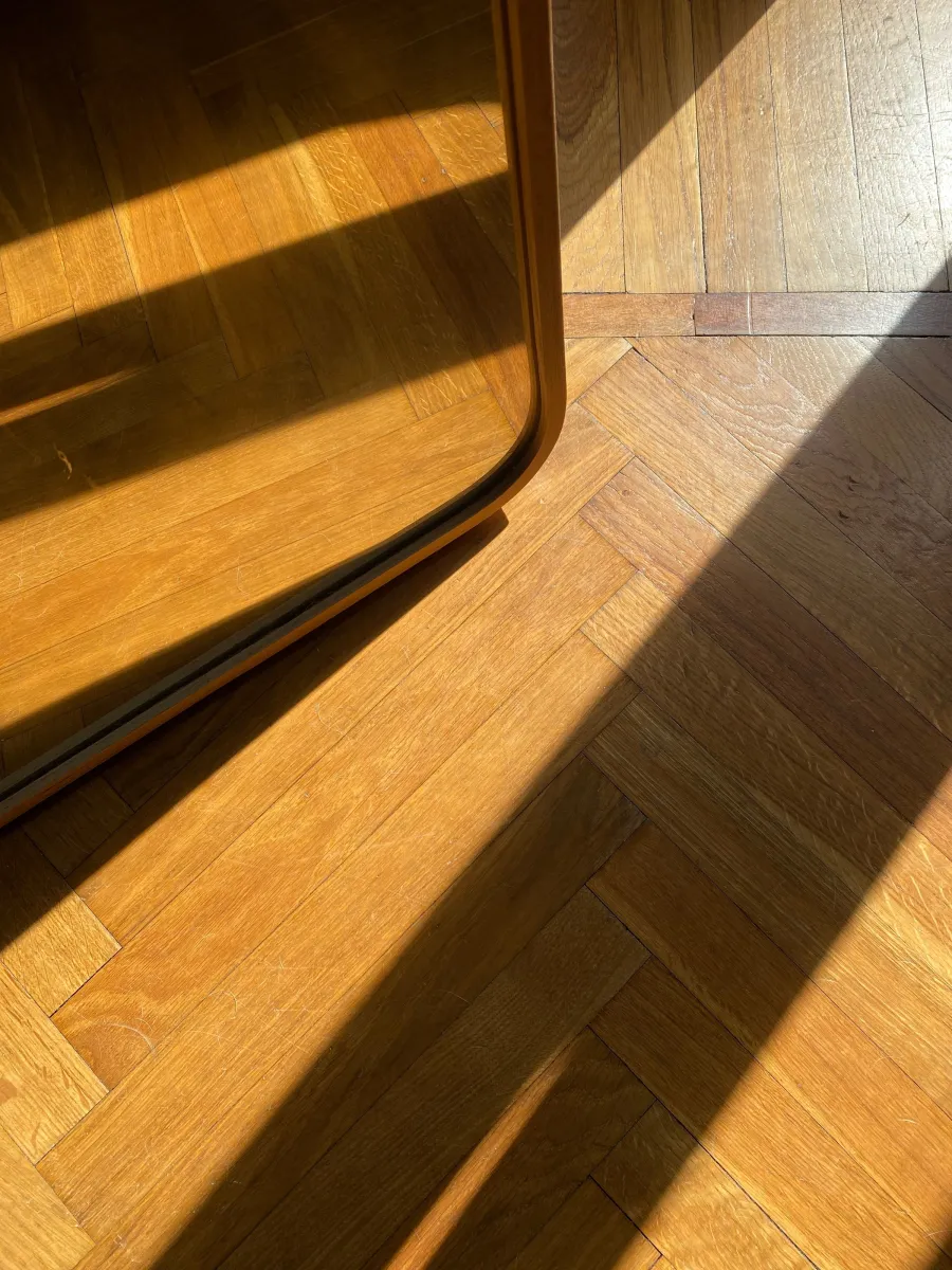 Hardwood floor running toward a bright window